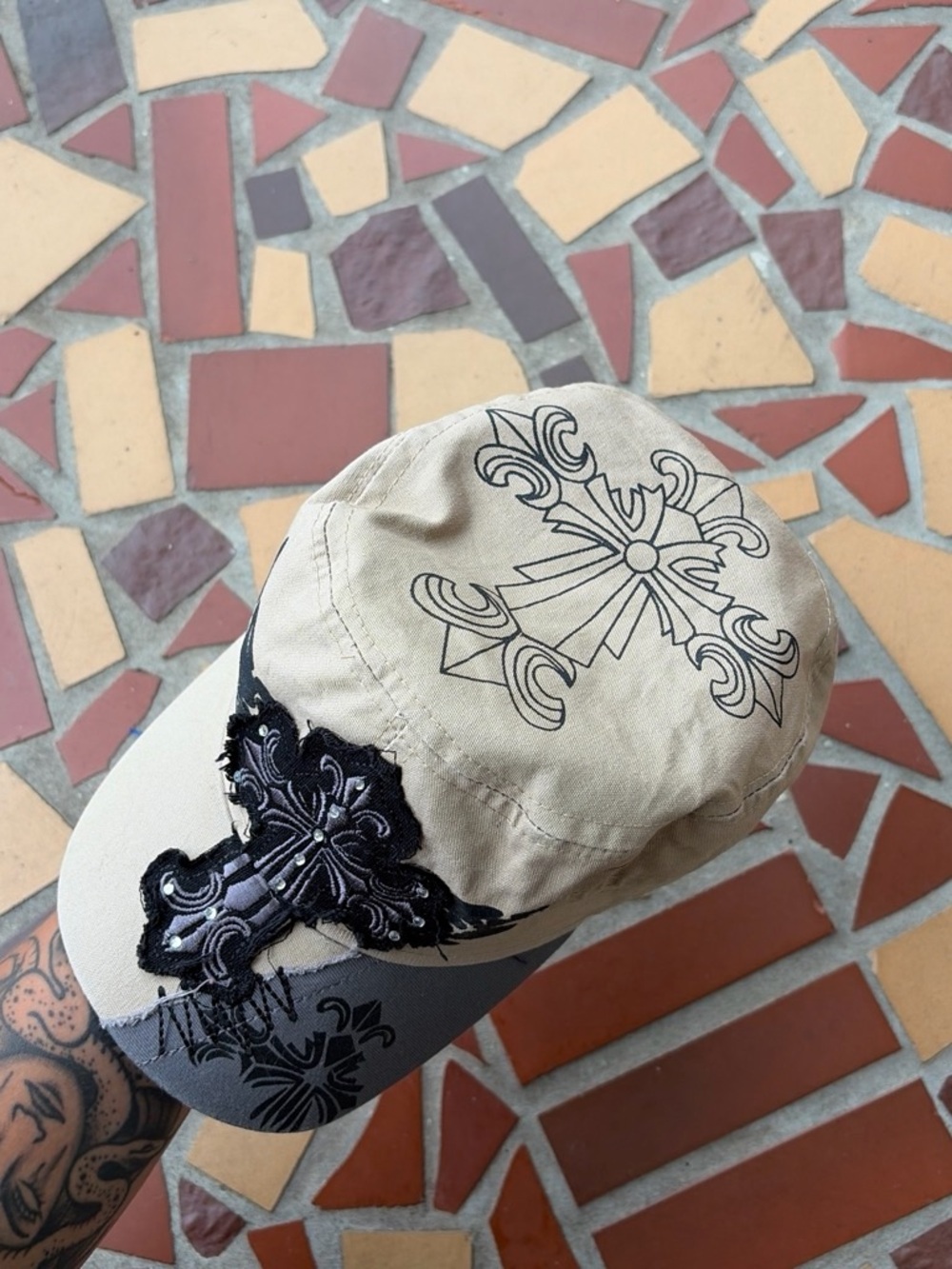 Y2K Grunge Cross Cadet Cap With Rhinestone